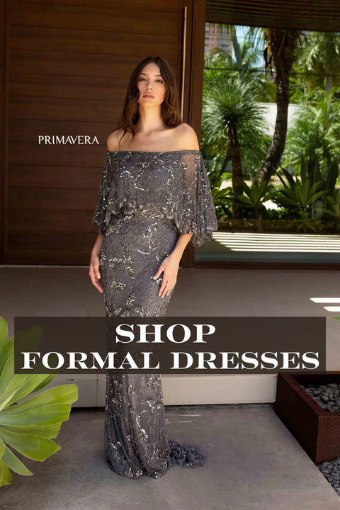 Woman wearing a leopard print dress with text 'Shop Homecoming' in front of a glass door.