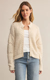 Z Supply Sundance Zip-Up Sweater Jacket with relaxed fit, knit texture, and ribbed details in color crystal. 