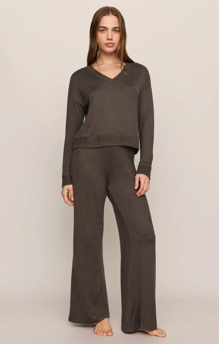 Cocoa Bean Dawn Smocked Pant by z supply shown on a model in brown with a wide leg fit