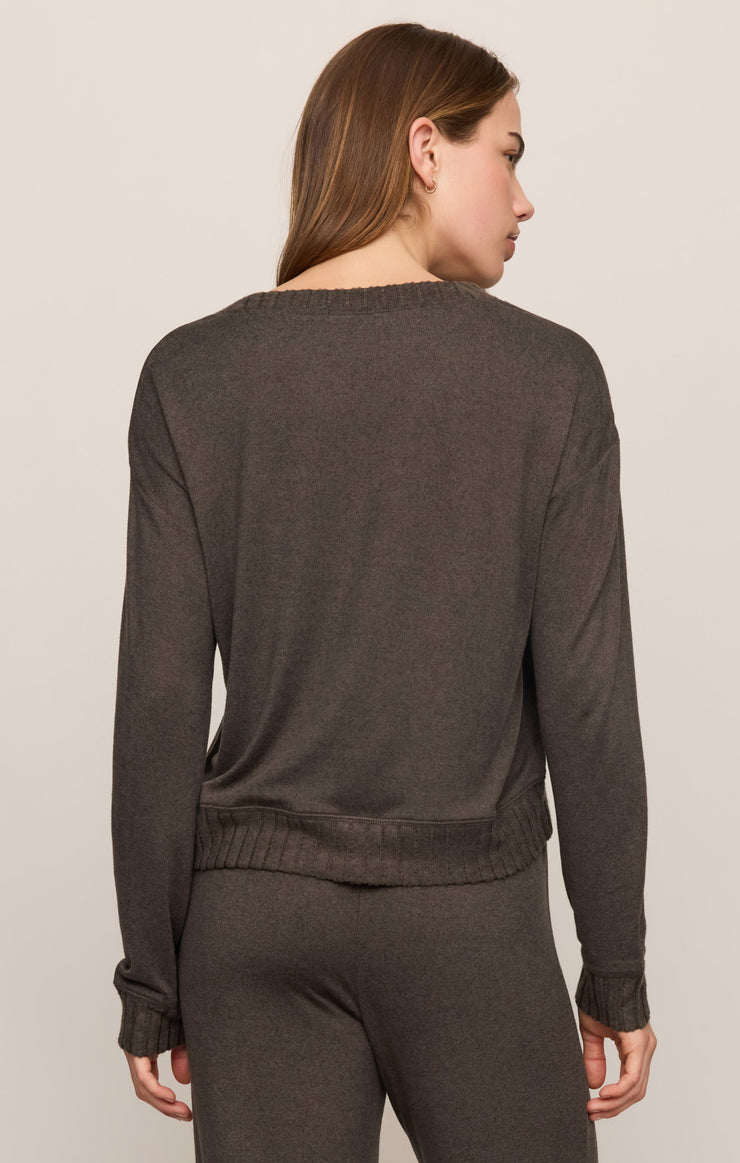Cocoa Bean Courtney LS Top by z supply, back view of a brown long sleeve top on a model