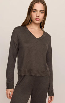 Z Supply Courtney Long Sleeve V-Neck Top in Cocoa Bean