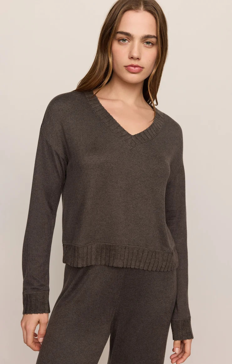 Cocoa Bean Courtney LS Top by z supply in brown with a V neck and long sleeves