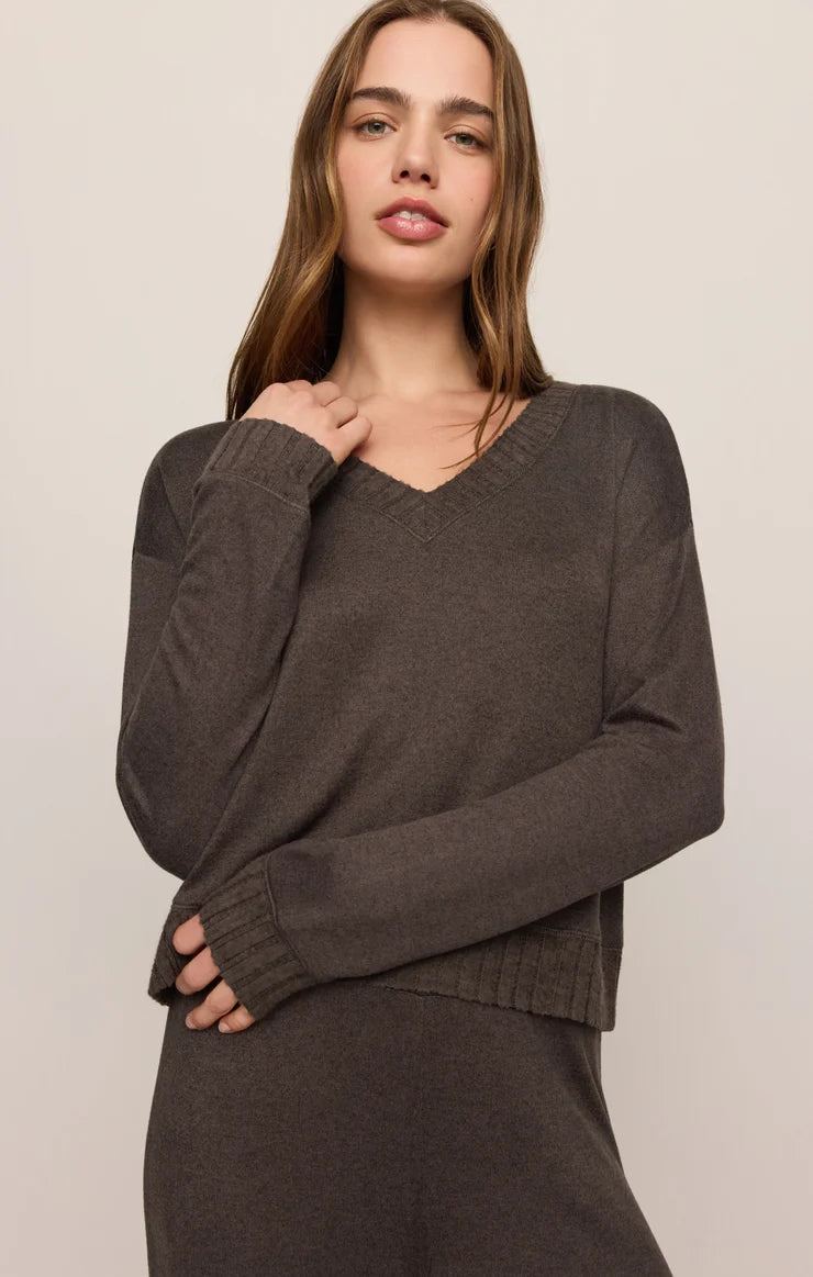 z supply Cocoa Bean Courtney LS Top in brown with a V-neck and long sleeves on a model