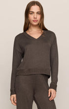 z supply Cocoa Bean Courtney LS Top in cocoa brown with V neck and long sleeves on model