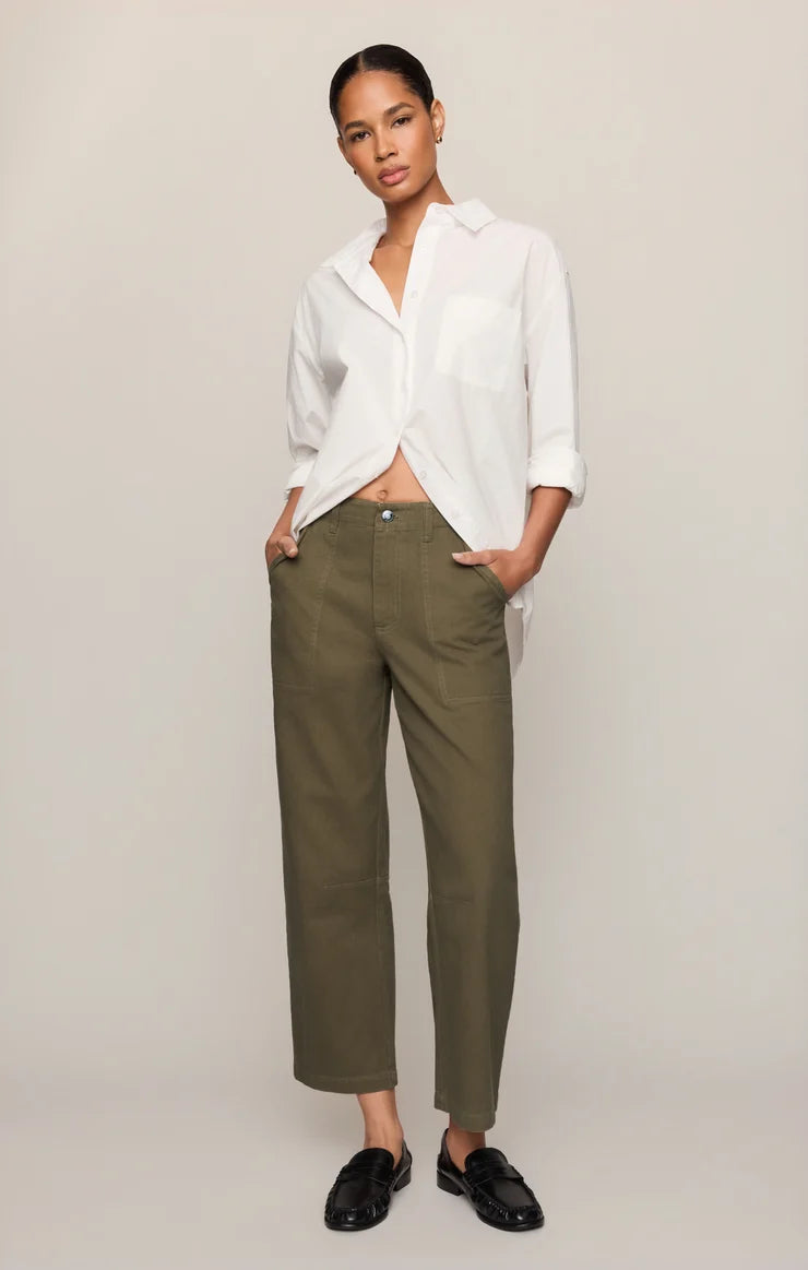 Golden Olive Colman Bowed Utility Pant by z supply modeled in olive green with a relaxed fit