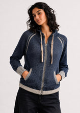 Denim Cardigan by zaket & plover with zip front hood striped trim and side pockets worn by a model