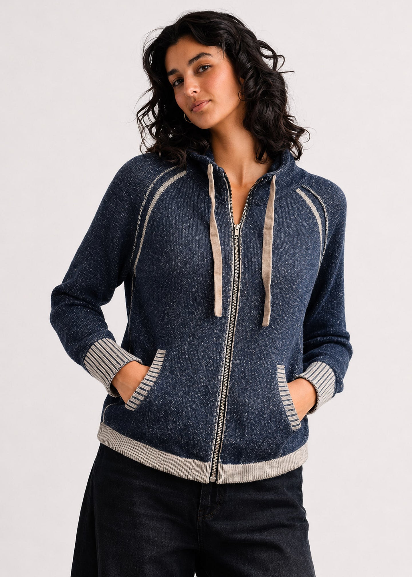 Denim Cardigan by zaket & plover with zip front hood striped trim and side pockets worn by a model