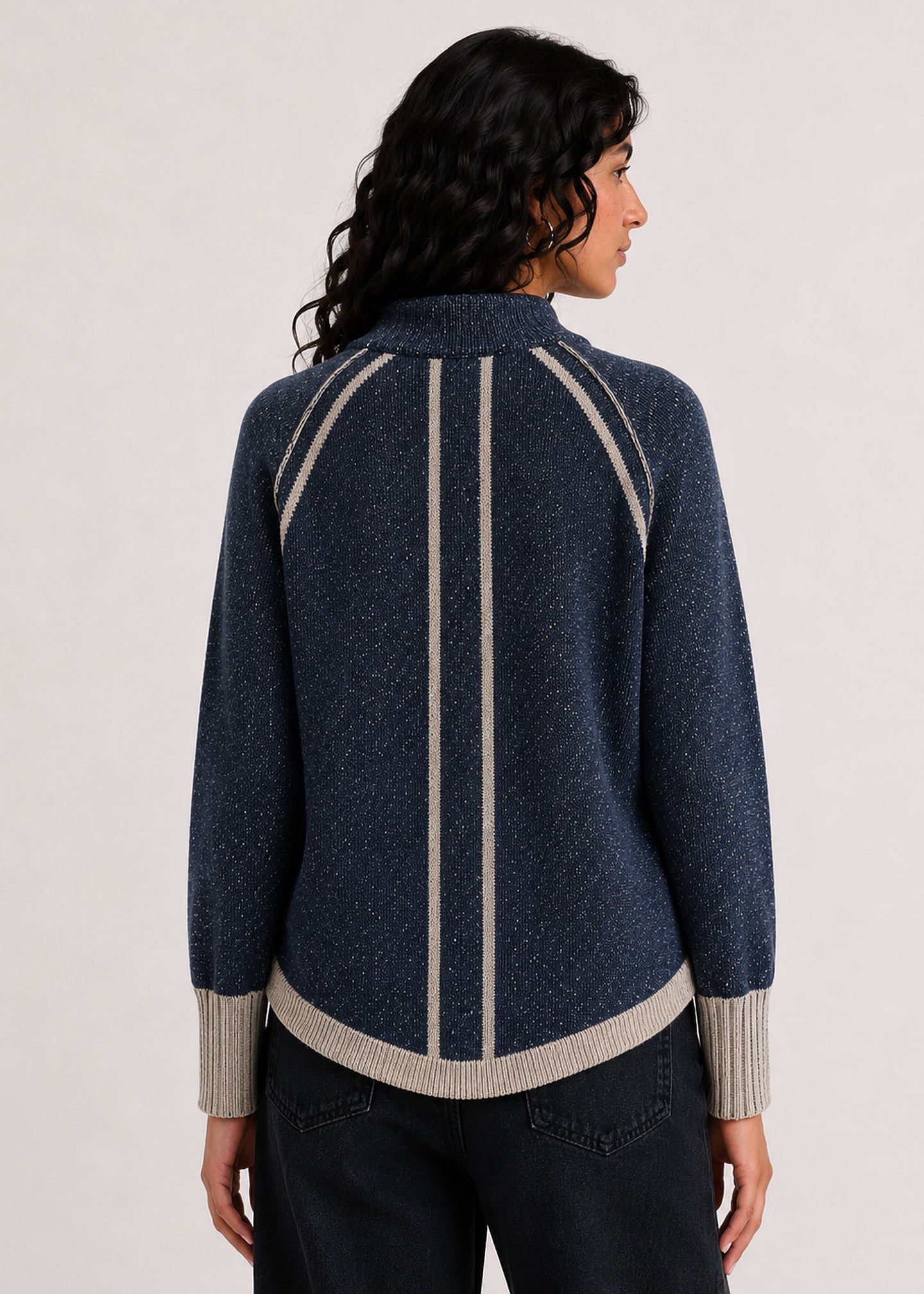 Denim Cardigan by zaket and plover in navy with cream stripes shown from the back