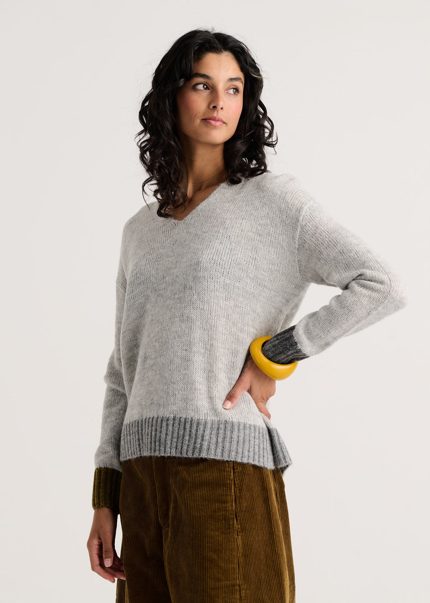 Heather Modern Easy V-Neck Sweater by zaket & plover in heather gray on model