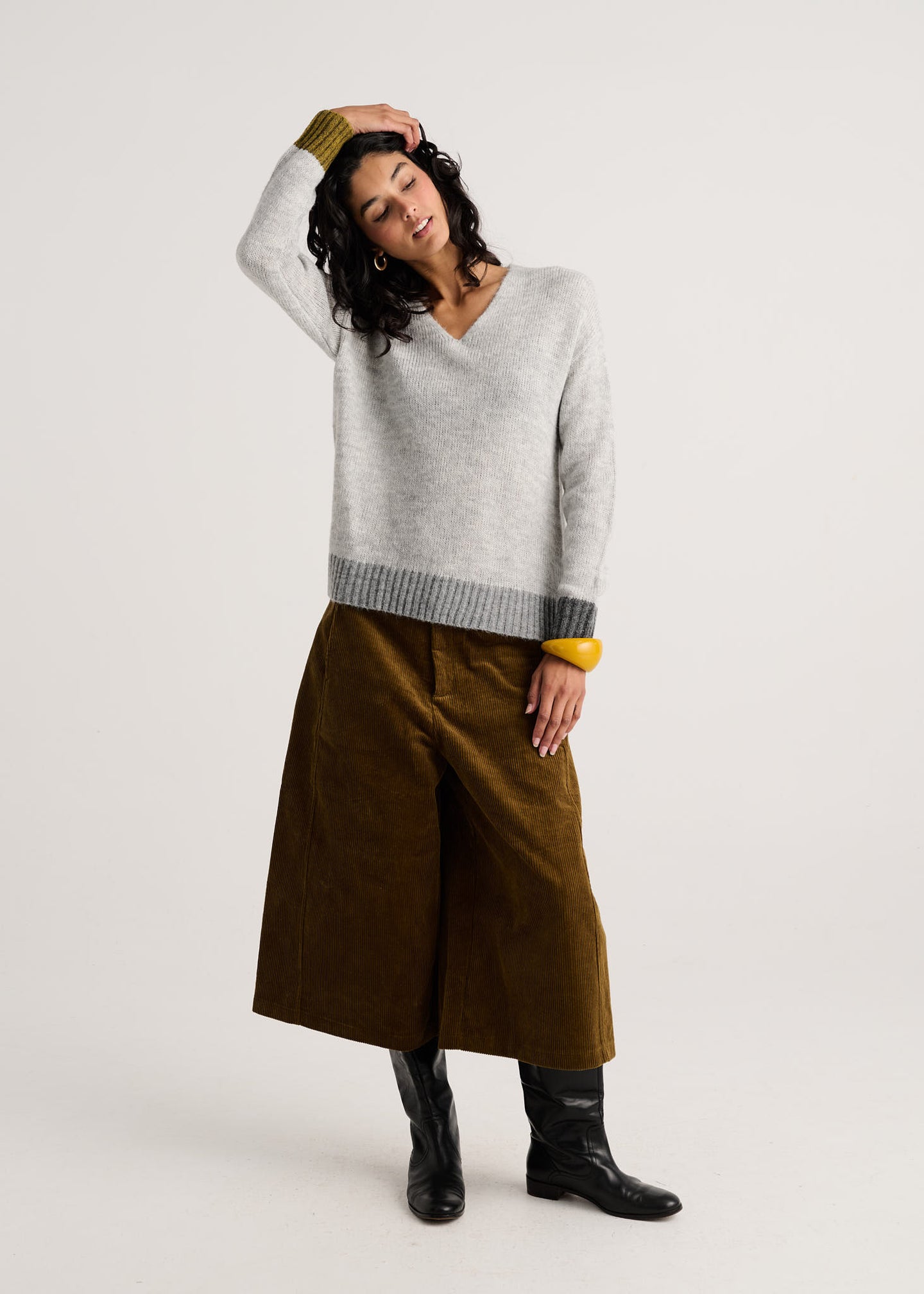 Heather Modern Easy V-Neck Sweater by zaket & plover, light gray knit sweater with wide brown pants and black boots