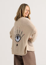 Taupe Good Energy Cardigan by zaket & plover shown on model with eye motif on back