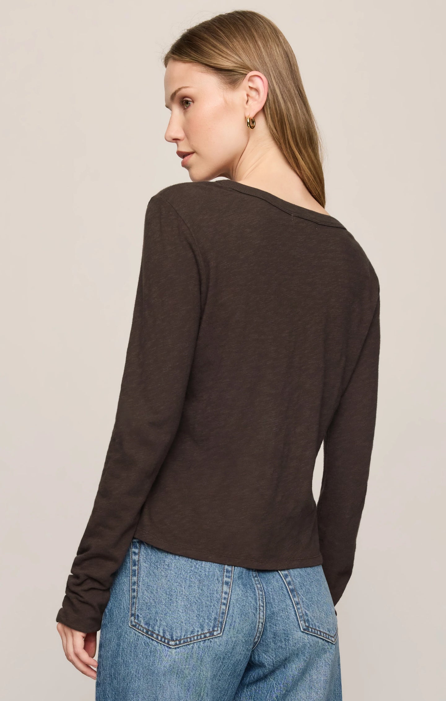 Z Supply Junie Long Sleeve Tee in dark brown shown from the back