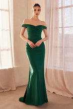 Ladivine Dress Style t402 in emerald by Cinderella Divine shown in portrait with off-shoulder ruched bodice design