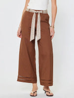 Linen Blend Cropped Wide Pants w/ Scarf Belt