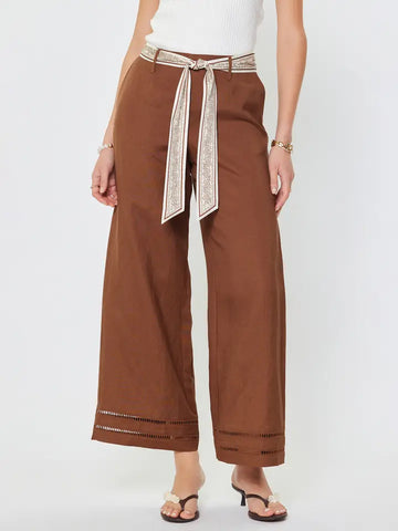 Linen Blend Cropped Wide Pants w/ Scarf Belt