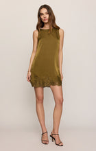 Z Supply olive sleeveless mini dress with lace-trim hem, full-length front view