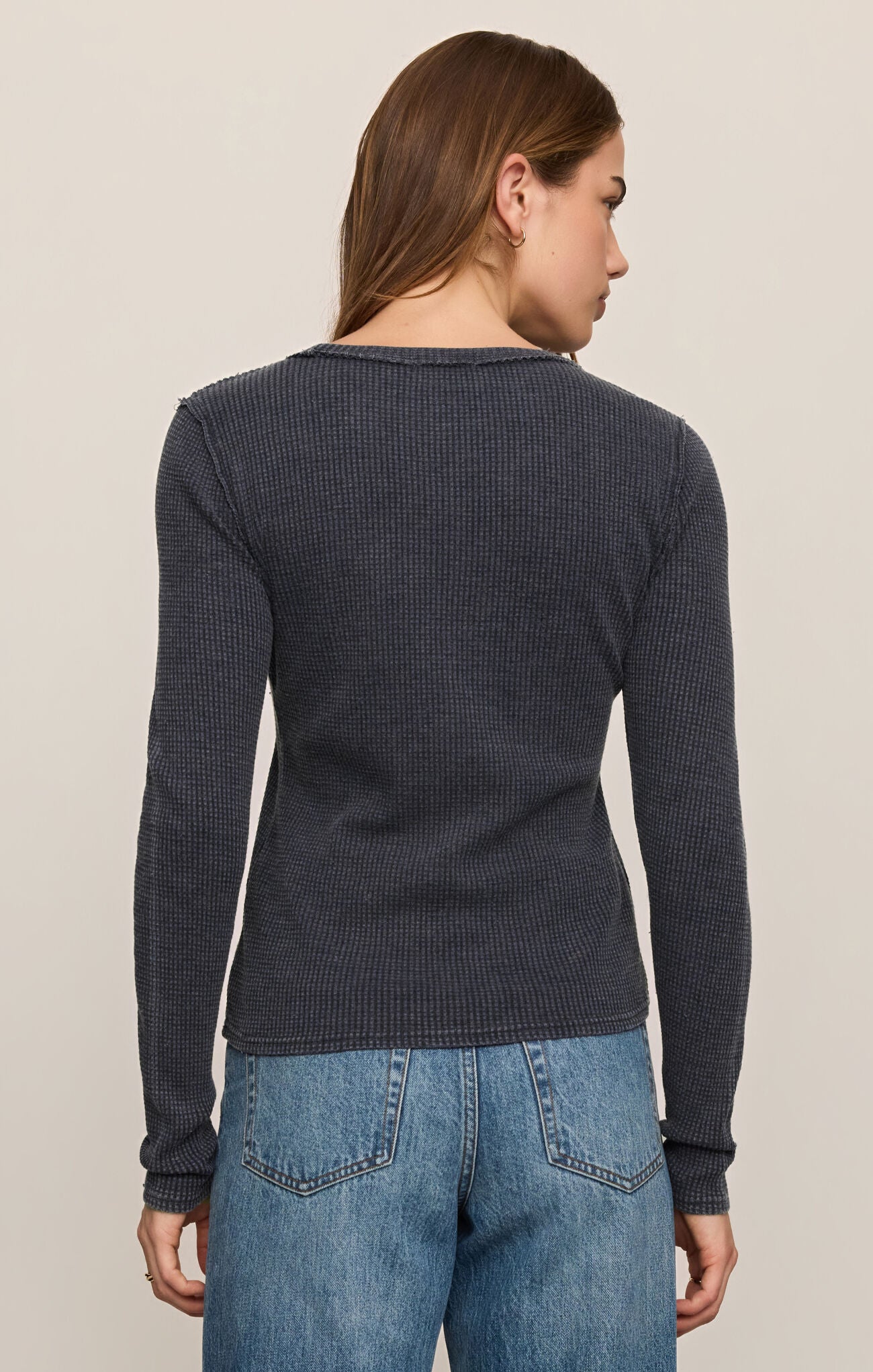Oxford Blue Arlet Mini Thermal Top by z supply in a dark blue long sleeve back view