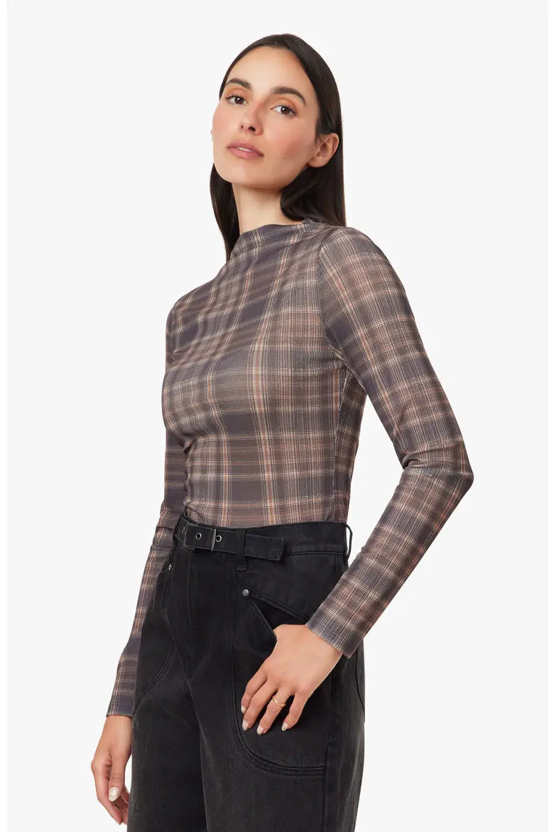 habitual Ombre Plaid Turtleneck Top in brown plaid, modeled with black jeans