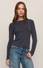 Oxford Blue Arlet Mini Thermal Top by z supply in dark blue with long sleeves and ribbed texture modeled with jeans