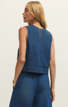 Back view of model wearing z supply Deep Water Sun Seeker Denim Tank in classic indigo with tailored sleeveless design