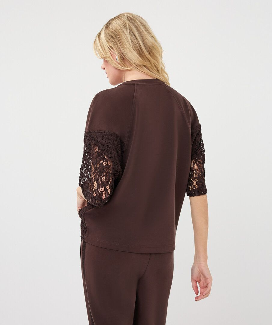 esqualo Cacao Modal Lace Top in cacao brown with sheer lace sleeves shown from the back