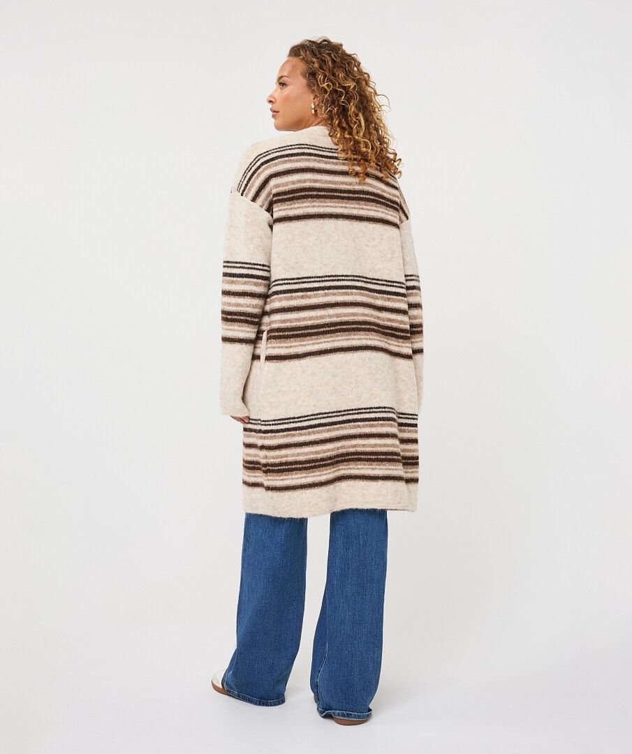 Biscuit Melange Horizontal Stripe Cardigan by esqualo shown on model in cream and brown stripes