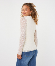 esqualo Off White Lace Top with long lace sleeves and textured front modeled with jeans