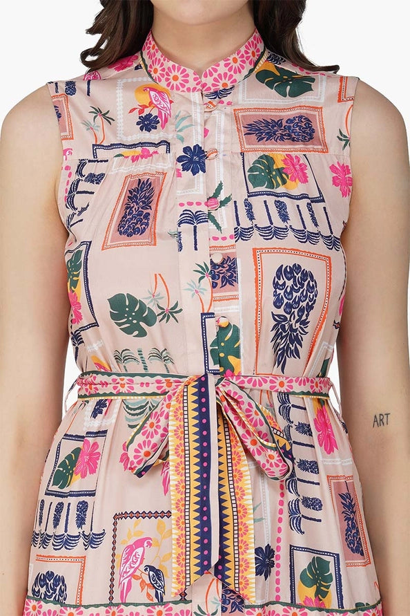 Print Mix Match Dress by America & Beyond featuring colorful tropical patterns, sleeveless design, and a patterned waist tie belt.