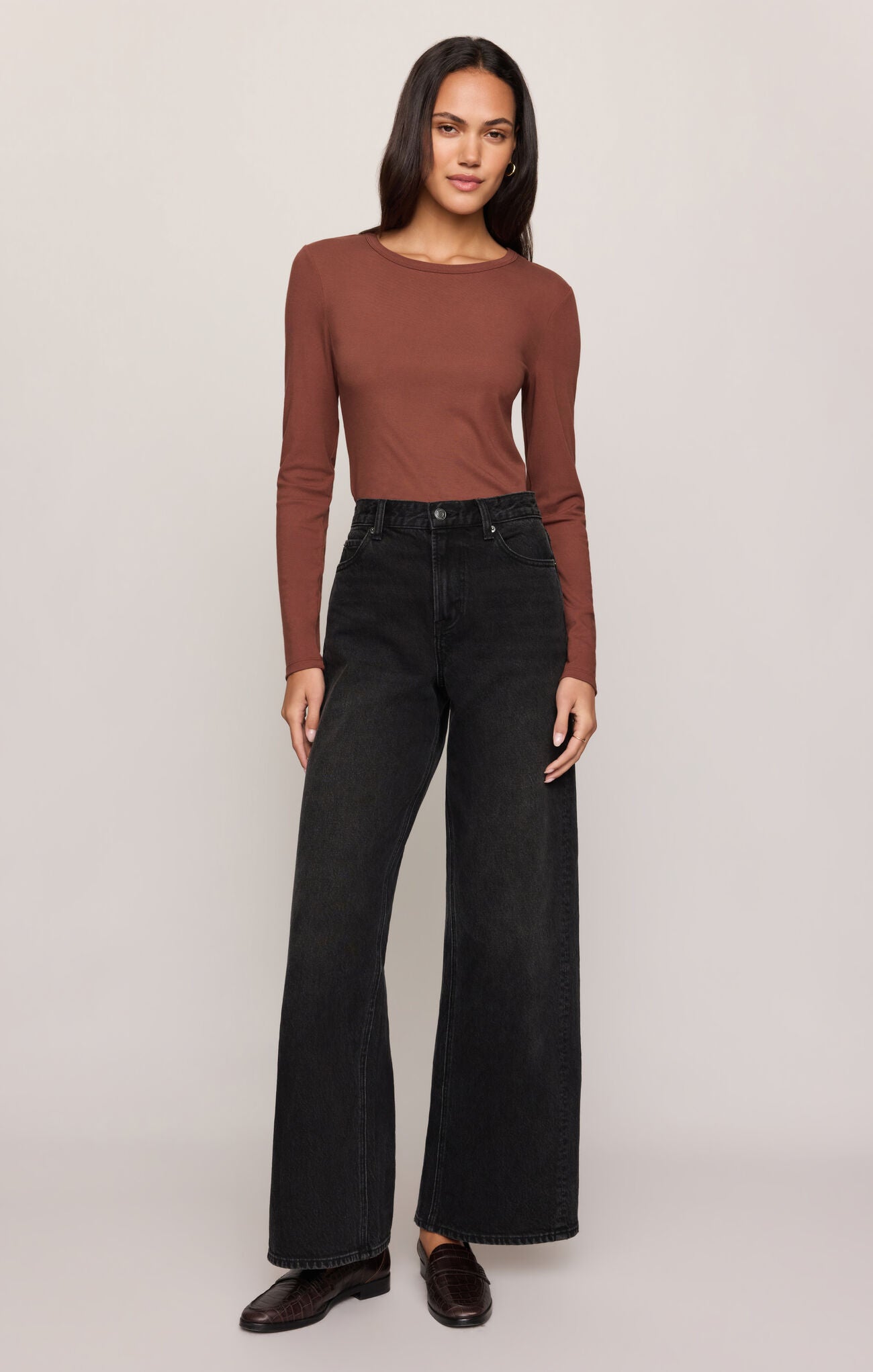 z supply Dark Rosewood Second Skin Crew LS long sleeve top modeled with black wide leg jeans