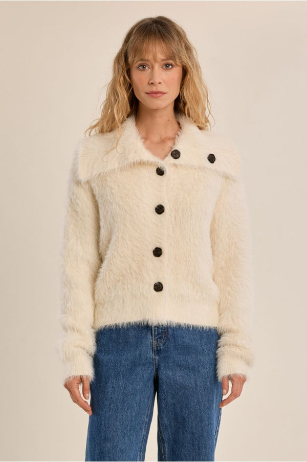 Molly Bracken Cream Collar Cardigan in cream with black buttons worn with blue jeans