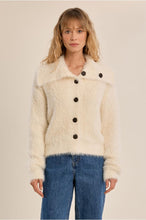 Molly Bracken Cream Collar Cardigan in cream with black buttons worn with blue jeans
