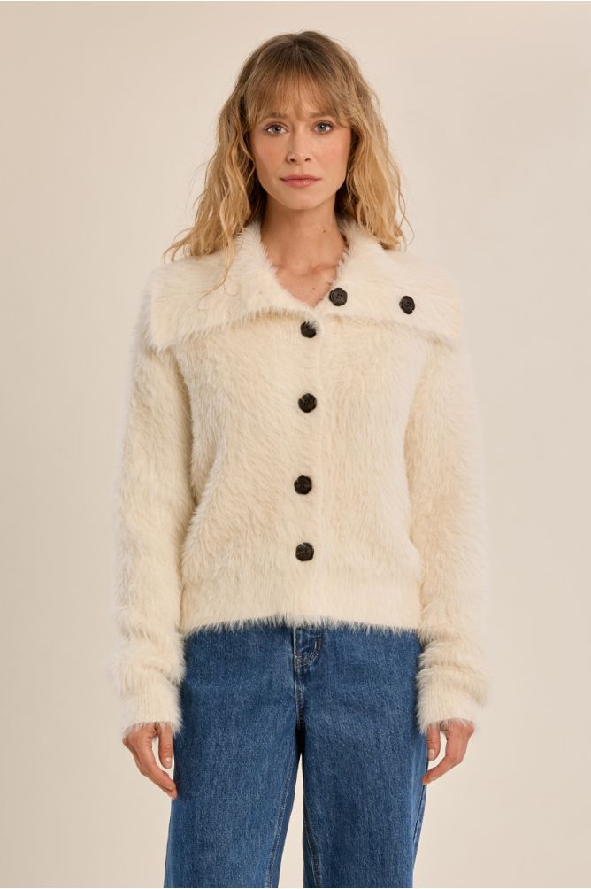 Molly Bracken Cream Collar Cardigan in cream with black buttons worn with blue jeans