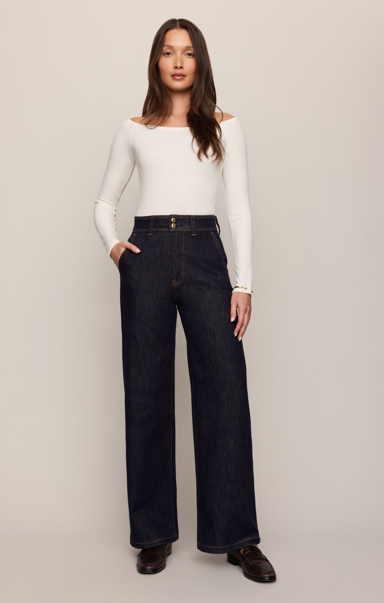 z supply Midnight Air The Atelier Denim Trouser modeled in dark wash wide leg denim with a high waist