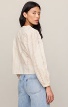 Model wearing Cloud Louella Button Up Top by z supply, featuring cream eyelet fabric and long sleeves.