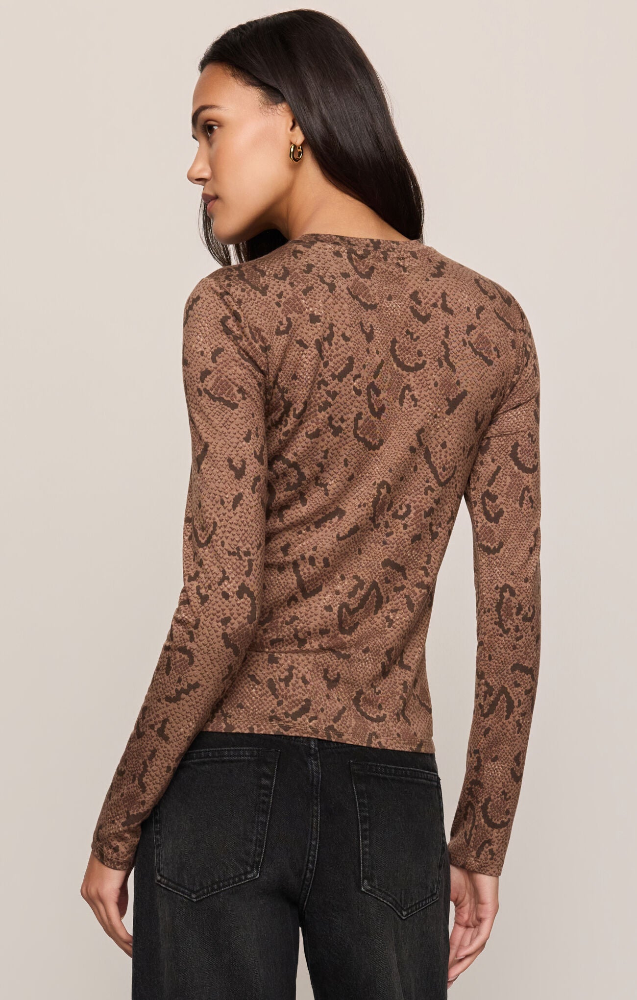 Cocoa Bean Onyx Snake Top by z supply in brown snake print with long sleeves shown from the back