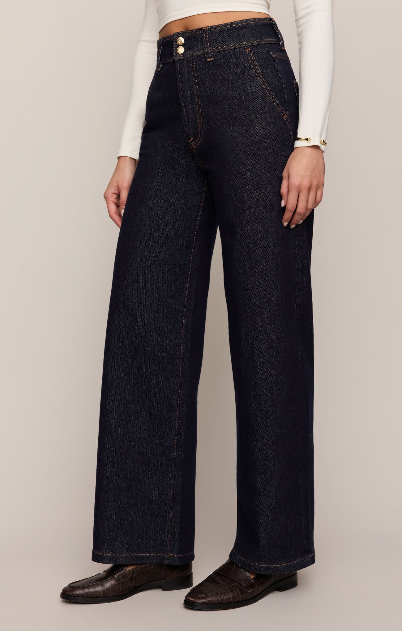 Midnight Air The Atelier Denim Trouser by z supply in dark wide leg denim on model
