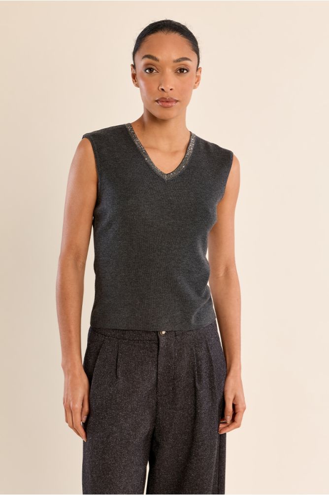 Molly Bracken Dark Grey Tank Top worn by a model with tailored trousers
