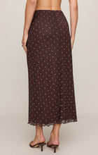 Dark Chocolate Eda Polka Dot Mesh Midi Skirt by z supply, sheer brown fabric with white polka dots, midi length back view.