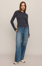 Oxford Blue Arlet Mini Thermal Top by z supply model wearing a dark blue thermal top and jeans