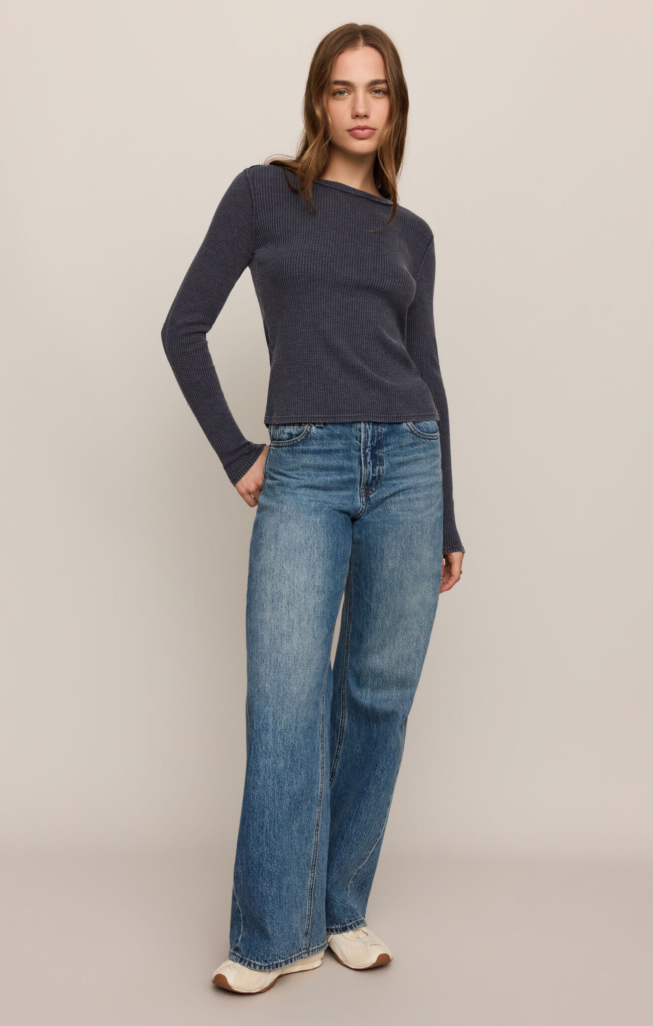 Oxford Blue Arlet Mini Thermal Top by z supply model wearing a dark blue thermal top and jeans