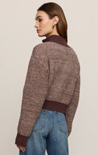 Z Supply brown marled zip-front cardigan with dark ribbed trim, back view on model