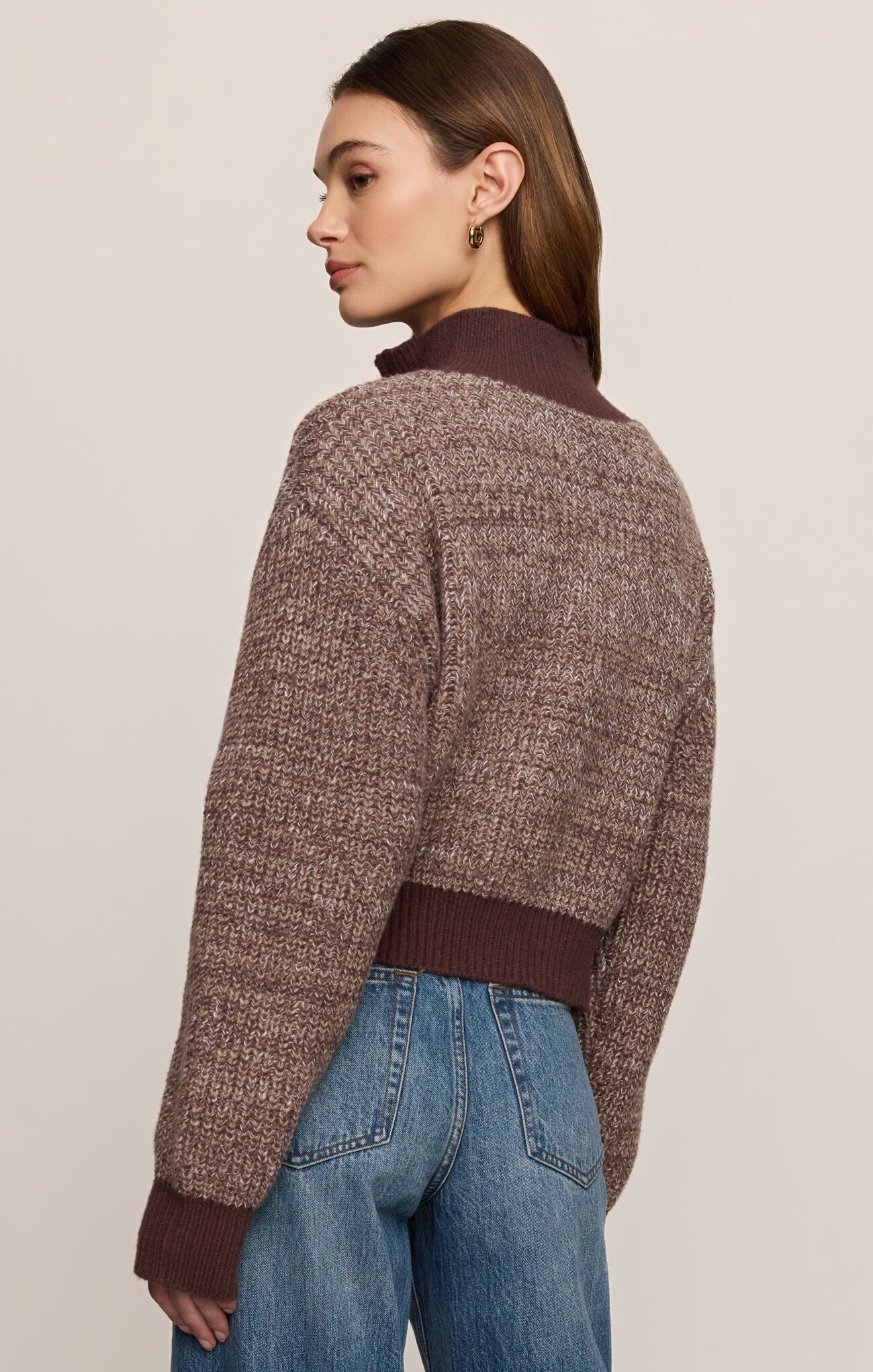 Z Supply brown marled zip-front cardigan with dark ribbed trim, back view on model