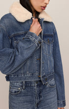 z supply Hush The Daily Denim Fur Jacket in blue denim with a cream faux fur collar
