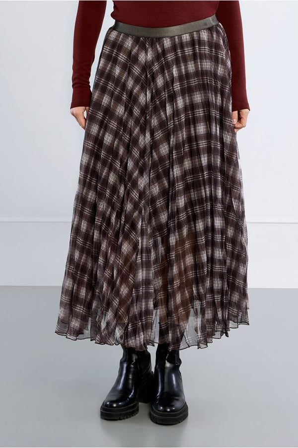 Chocolate Plaid Skirt by Molly Bracken in brown plaid with flowing pleats and hem