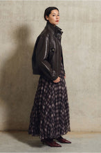 Chocolate Plaid Skirt by Molly Bracken worn with a leather jacket and burgundy shoes