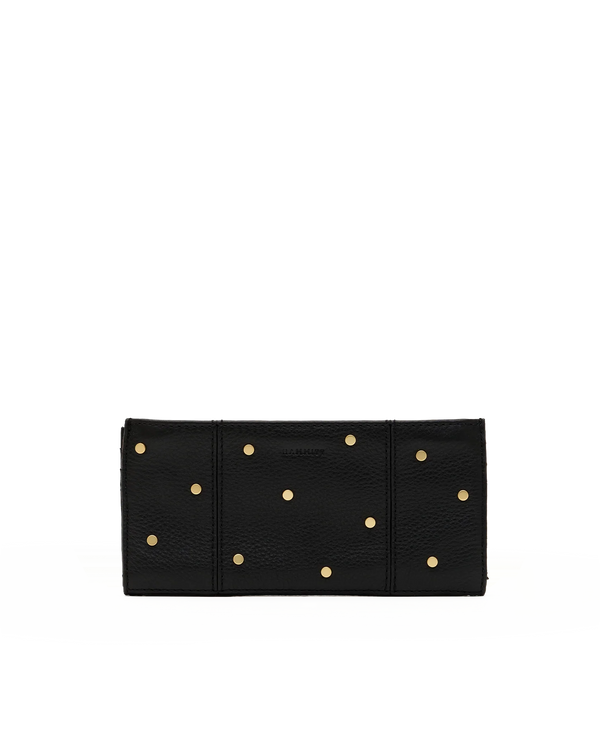 Hammitt 110 North Starlight black leather wallet with gold studs, closed view