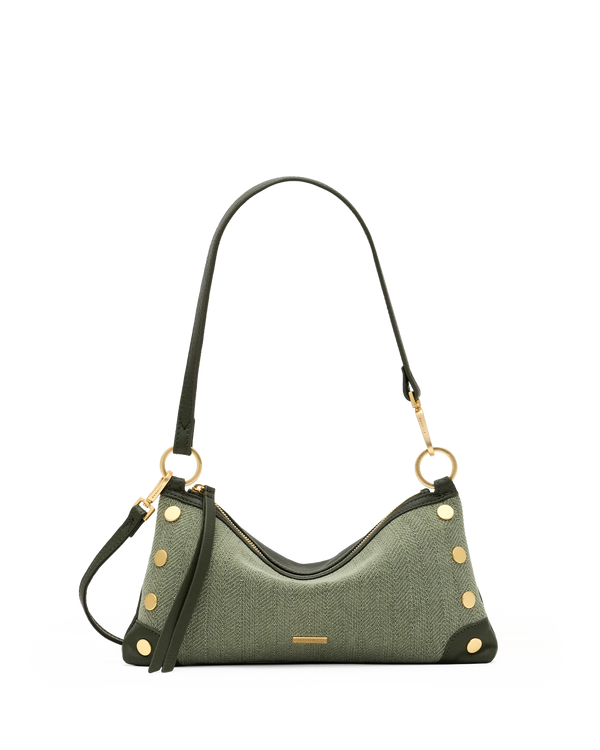 Hammitt Kyle Twin Crest green woven and leather bag, front view