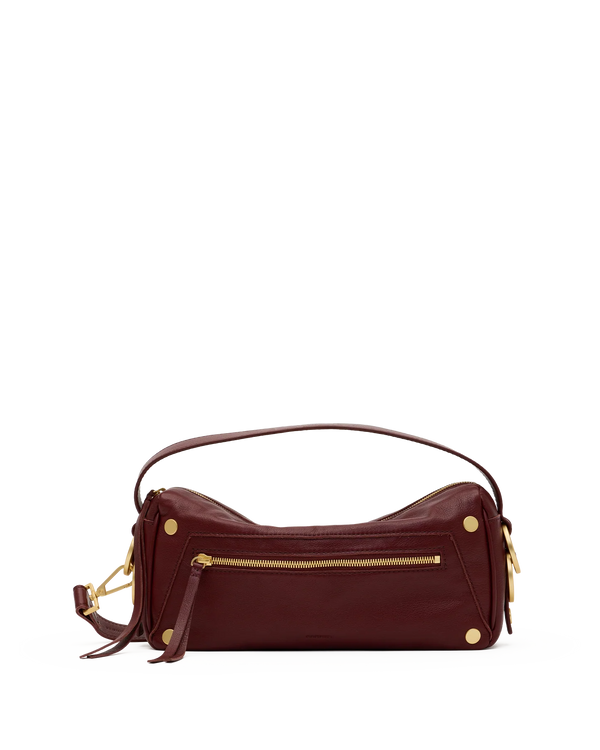 Hammitt Doxie Medium oxblood leather bag with gold O-rings, front view