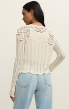 Back view of a woman wearing the Cloud Alycia Crochet Sweater by z supply with intricate delicate crochet patterns