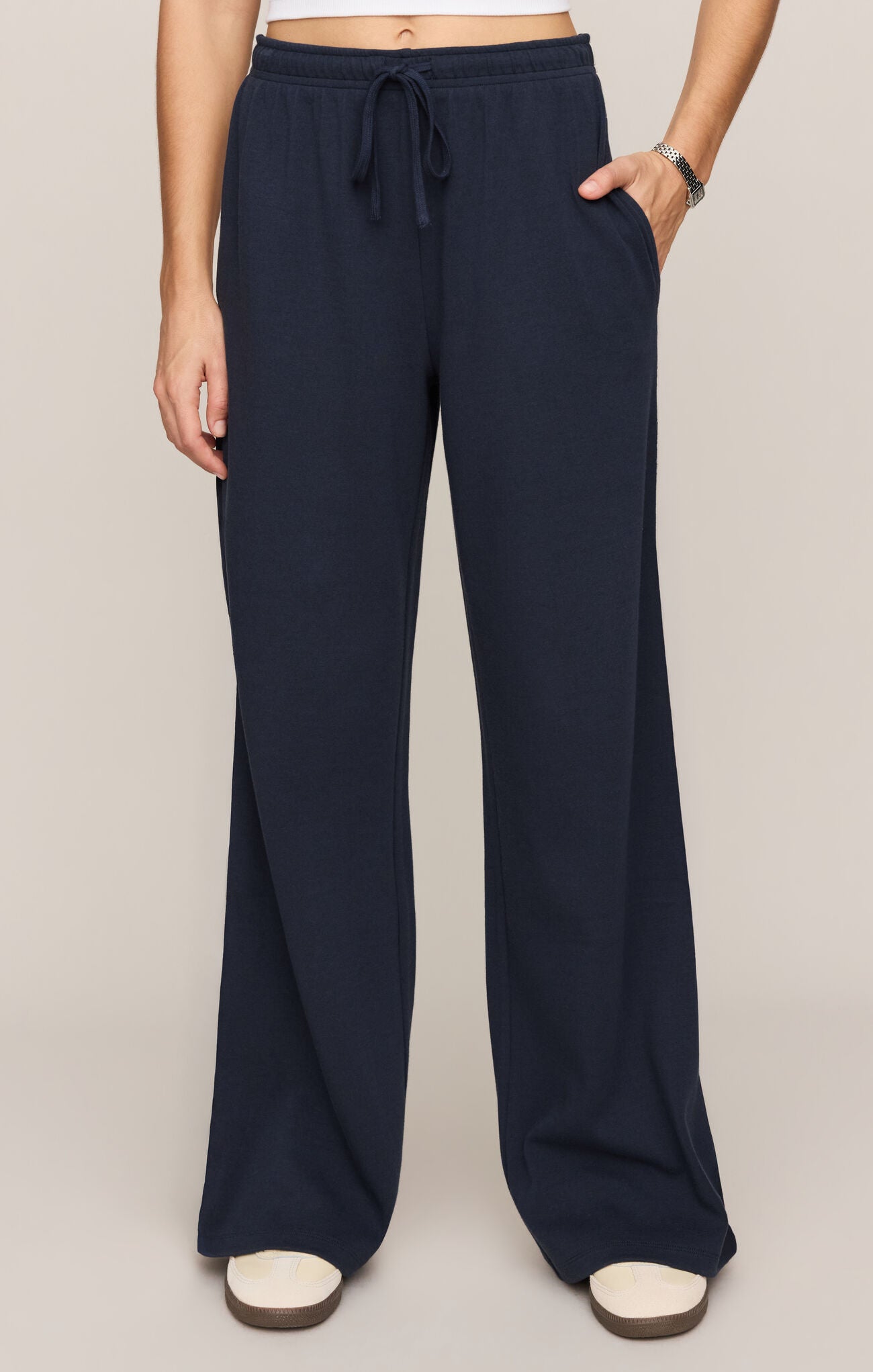 Front view of navy casual Eclipse Breakaway Track Pant by z supply, with drawstring waist and side pockets.